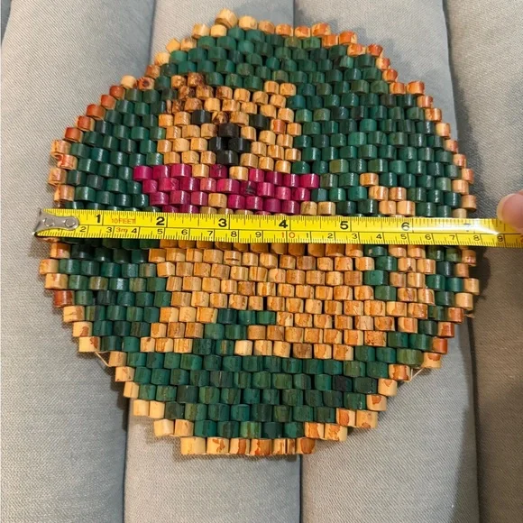 Vintage Dog Wood Beaded Trivet Hot Plate Double-Sided Green Brown - Picture 3 of 4